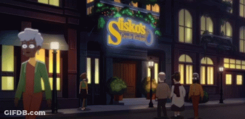 People Walking Past Building Saying Friskos GIF