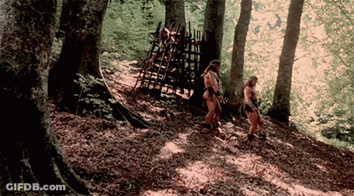 People Walking Through Forest With Fence GIF