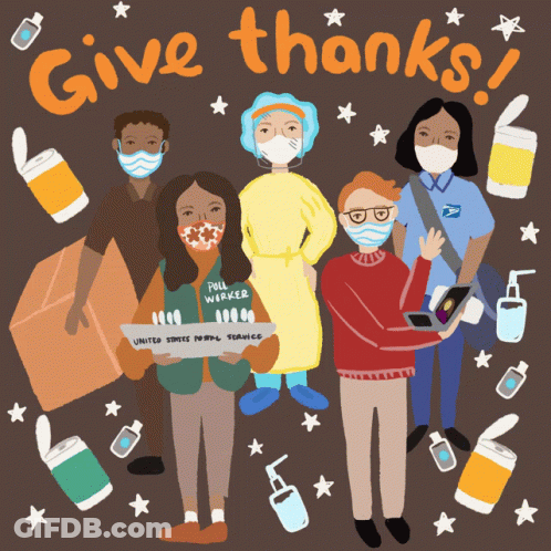 People Wearing Face Masks Holding Give Thanks Check GIF