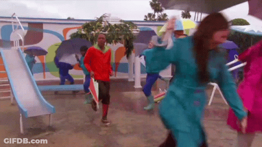 People With Colorful Raincoats Dancing In The Rain GIF