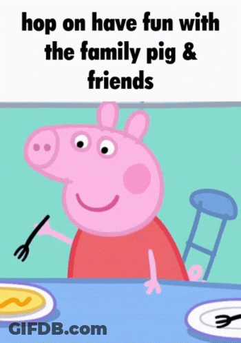 Peppa Pig Is Sitting At A Table With Plates Of Food And A Fork GIF