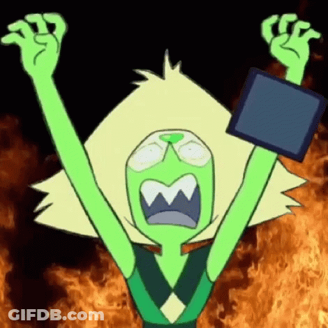 Peridot From Steven Universe Is Screaming With His Arms In The Air While Holding A Tablet . GIF