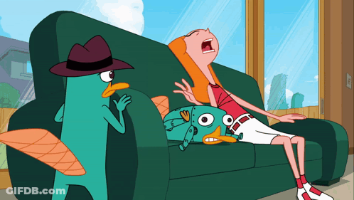 Perry The Platypus And Phineas And Ferb Sitting On Green Couch GIF