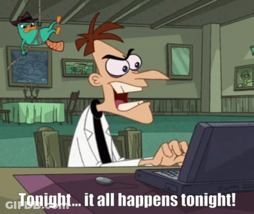 Perry The Platypus At Desk With Laptop Saying Tonight It All Happens Tonight GIF