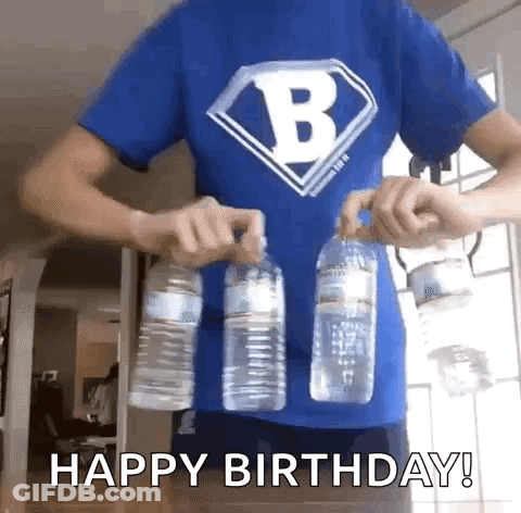 Person Blue Shirt Letter B Holding Three Bottles GIF