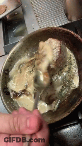 Person Cooking Meat In Pan With Sauce GIF