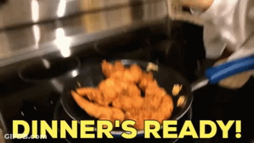 Person Cooking Shrimp With Yellow Dinner's Ready GIF