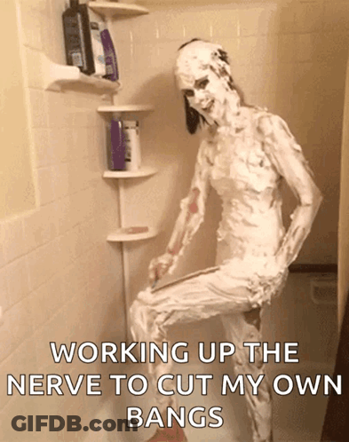 Person Covered In Shaving Cream Working Up The Nerve To Cut My Own Ba GIF