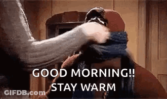 Person Covering Face With Scarf Saying Good Morning Stay Warm GIF
