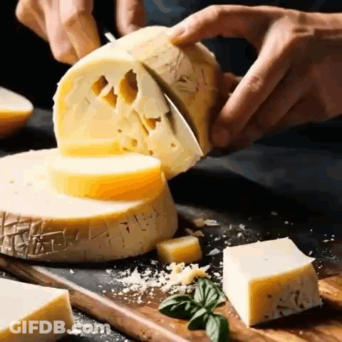 Person Cutting Cheese With Knife On Cutting Board GIF