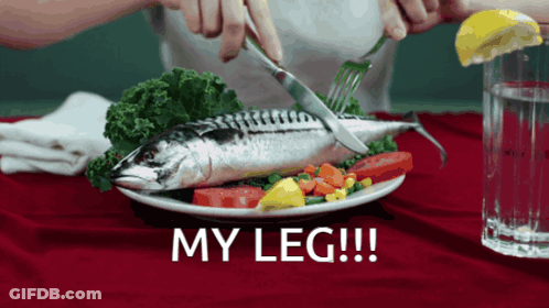 Person Cutting Fish With Vegetables And My Leg GIF