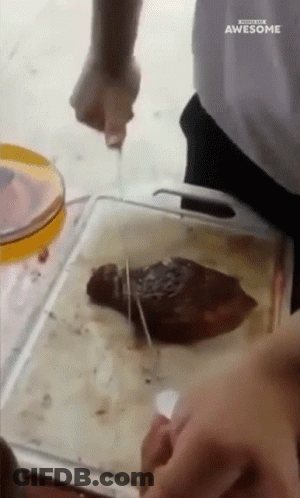 Person Cutting Meat On Cutting Board With Awesome Knife GIF