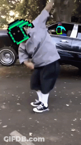 Person Dancing In Front Of Car With Pixelated Character GIF
