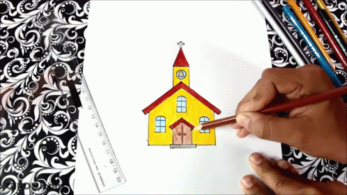 Person Drawing Yellow Church Red Roof Cross GIF