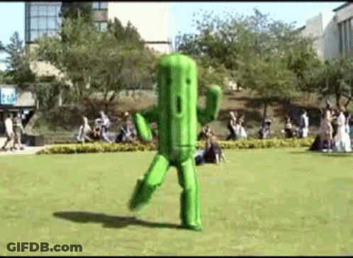 Person Dressed As Green Cactus Dancing In Park GIF