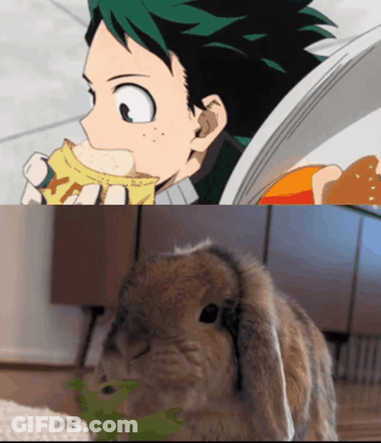Person Eating Banana Next To Rabbit Eating Grass GIF