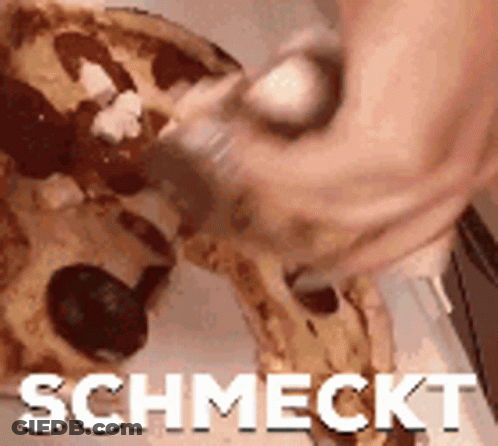 Person Eating Pizza Saying Schmeckt GIF