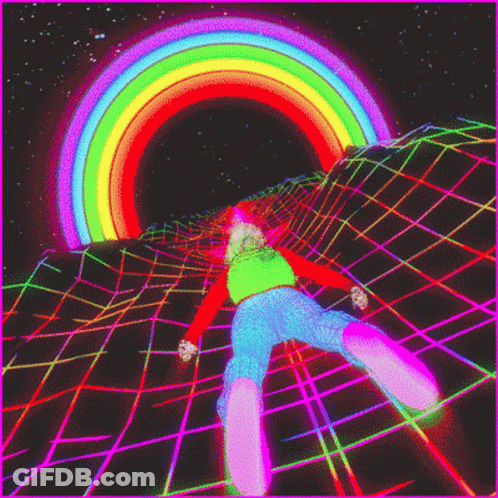 Person Flying Through Colorful Rainbow GIF