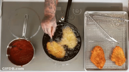 Person Frying Chicken In Frying Pan With Sauce Behind GIF