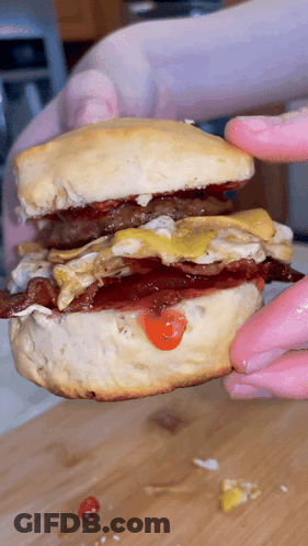 Person Holding Biscuit Sandwich With Eggs Bacon And Mustard GIF