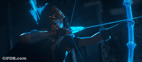Person Holding Bow And Arrow With Blue Light GIF