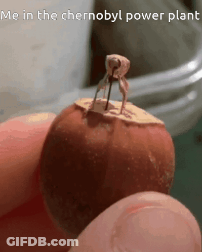 Person Holding Bug On Apple Saying Me In The Chernobyl Power Plant GIF
