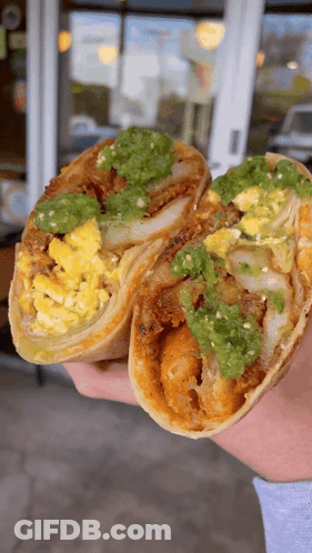 Person Holding Burrito With Eggs And Guacamole GIF