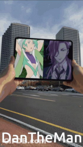 Person Holding Cell Phone With Two Anime Characters And Dan The Man GIF