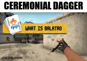 Person Holding Ceremonial Dagger In Front Of Sign Saying What Is Balatro GIF