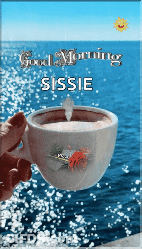Person Holding Coffee By Ocean Good Morning Sissie GIF