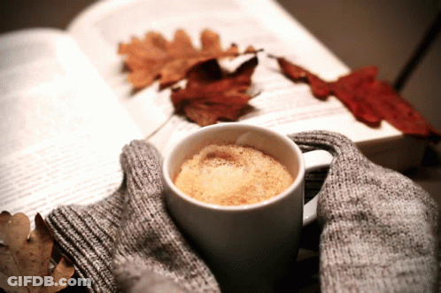 Person Holding Coffee Next To Open Book And Leaves GIF
