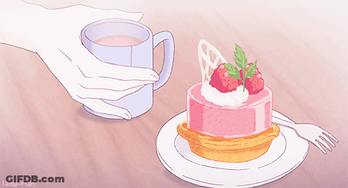 Person Holding Coffee Next To Strawberry Cake GIF