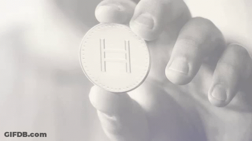 Person Holding Coin In Front Of Hedera Hashgraph Logo GIF