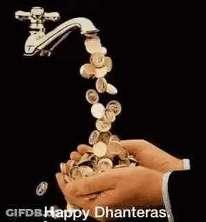 Person Holding Faucet With Coins Falling Happy Dhanteras Greeting GIF