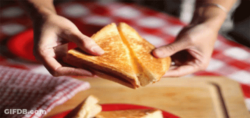 Person Holding Grilled Cheese On Checkered Cloth GIF