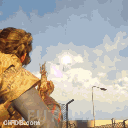 Person Holding Gun In Front Of Blue Sky Saying EU GIF