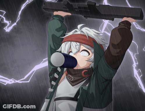 Person Holding Gun Overhead With Lightning GIF