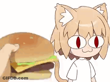 Person Holding Hamburger Next To Cat Girl With Cat Ears GIF