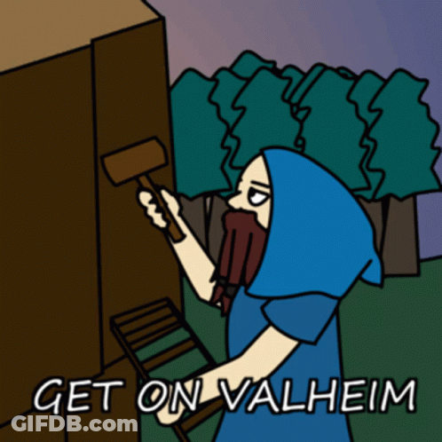 Person Holding Hammer Saying Get On Valheim GIF