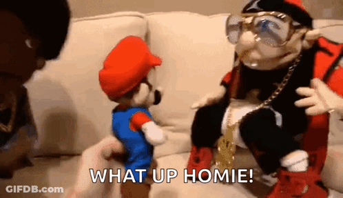 Person Holding Mario Puppet And Saxophone Puppet GIF