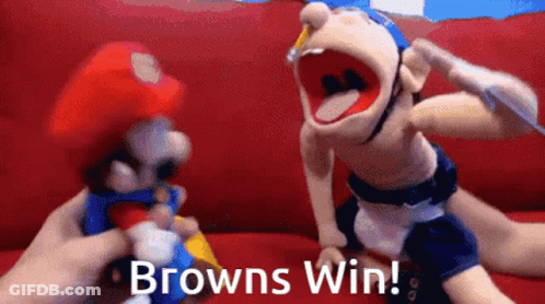 Person Holding Mario Puppet Saying Browns Win GIF