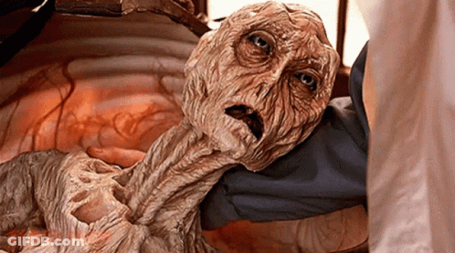 Person Holding Mummy With Scared Look GIF