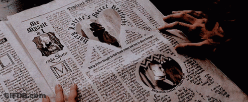 Person Holding Newspaper Saying Potter's Secret Heartache GIF