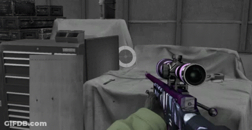 Person Holding Purple Sniper Rifle In Front Of Craftsman Toolbox GIF