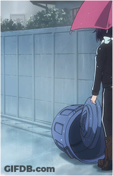 Person Holding Red Umbrella And Blue Trash Can GIF