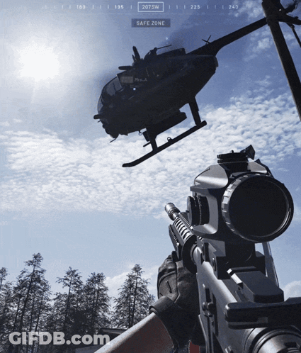 Person Holding Rifle With Helicopter And Safe Zone Button GIF