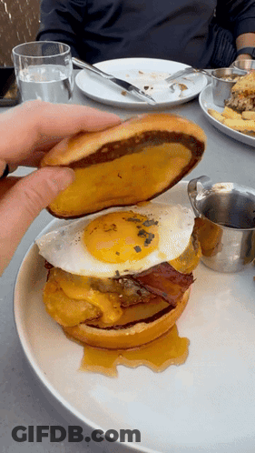Person Holding Sandwich With Fried Egg And Bacon GIF