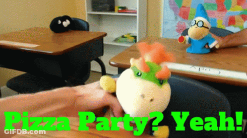 Person Holding Stuffed Animal In Front Of Pizza Party Sign GIF