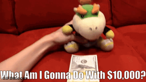 Person Holding Stuffed Animal Next To $10,000 Bill Saying What Am I Gonna Do GIF