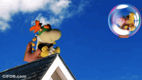 Person Holding Stuffed Animal On Roof Saying I'm Flying Too High Junior GIF